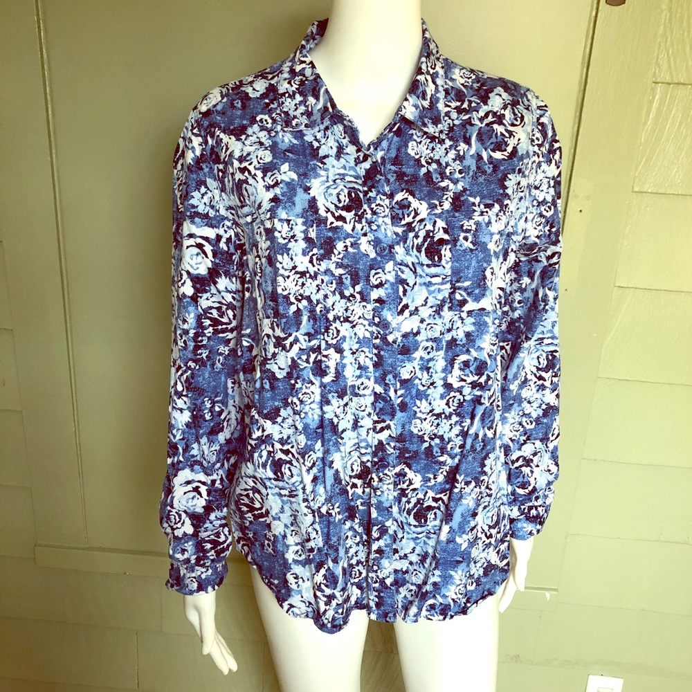 blue and white print blouse